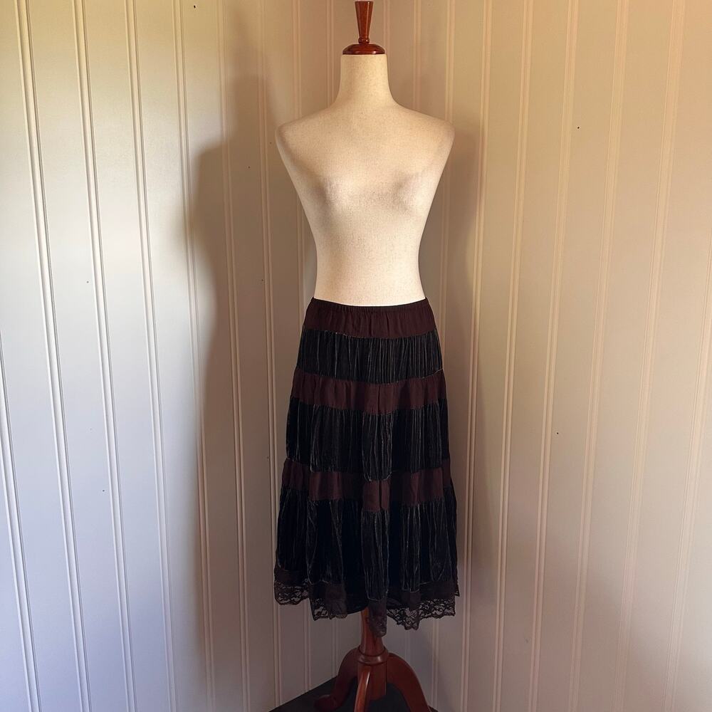 Vintage 90s/Y2K Brown Velvet Lace Layered Midi Skirt PM